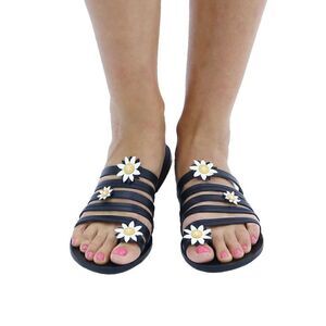 Ancient Greek NWOT Victoria Handmade Sandal. Black Leather with Flowers. Size 37